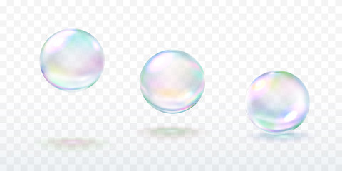 Realistic soap bubble with rainbow colors isolated on transparent background. Vector water foam elements set. Colorful iridescent glass ball or sphere template.