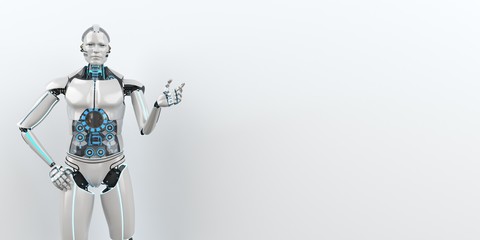 Wall Mural - Humanoid robot as advisor in front of a white board. 3d illustration.