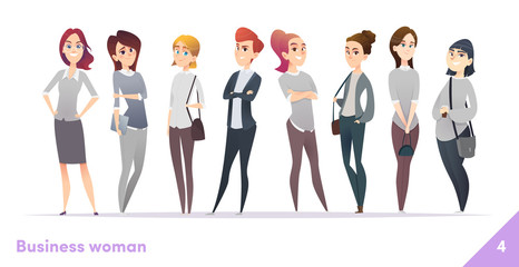 Business women character design collection. Modern cartoon flat style. Females stand together. Young professional females poses.