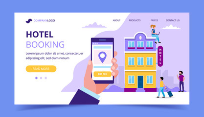 Wall Mural - Hotel booking landing page template - illustration with small people doing various tasks.