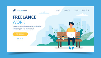 Wall Mural - freelance work page template. man working with laptop in the park. illustration for freelancing, rem