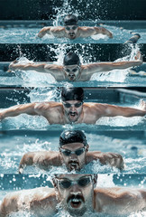 Wall Mural - Caucasian male professional swimmer in pool. Man swimming for the highest score. Creative collage of different photos of one model. Healthy lifestyle. Concept of sport, motion, action, movement.