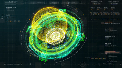 Fototapete - Futuristic graphic user interface head up display screen with digital holographic Nuclear Fusion energy simulator 3D illustration for digital background