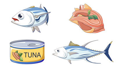 Sticker - Tuna fish icons set. Cartoon set of tuna fish vector icons for web design