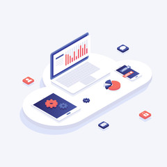 Web development and coding. Cross platform development website. Adaptive layout internet page or web interface on screen laptop, tablet and phone. Isometric concept . Cloud technology service