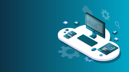 Web development and coding. Cross platform development website. Adaptive layout internet page or web interface on screen laptop, tablet and phone. Isometric concept . Cloud technology storage