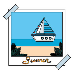 Sticker - photo snapshot with summer beach and sailboat