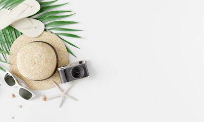 Flat lay traveler accessories on white bright background. Travel summer concept. 3d rendering