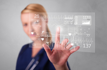 Wall Mural - Doctor touching hologram screen displaying healthcare running symbols
