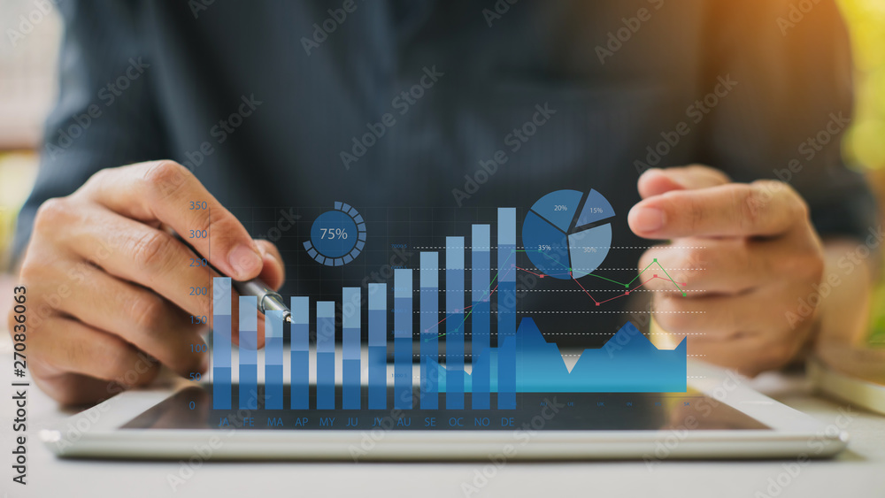 Businessman investment consultant analyzing company financial report balance statement working with digital augmented reality graphics. Concept for business, economy and marketing. 3D illustration. - obrazy, fototapety, plakaty 