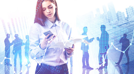 Wall Mural - Woman with phone and documents in city, network