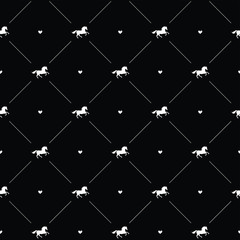 vector seamless pattern of white horse silhouette with heart isolated on black