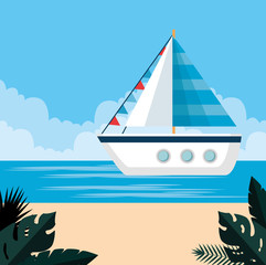 Poster - ship with tropical beach and plants leaves