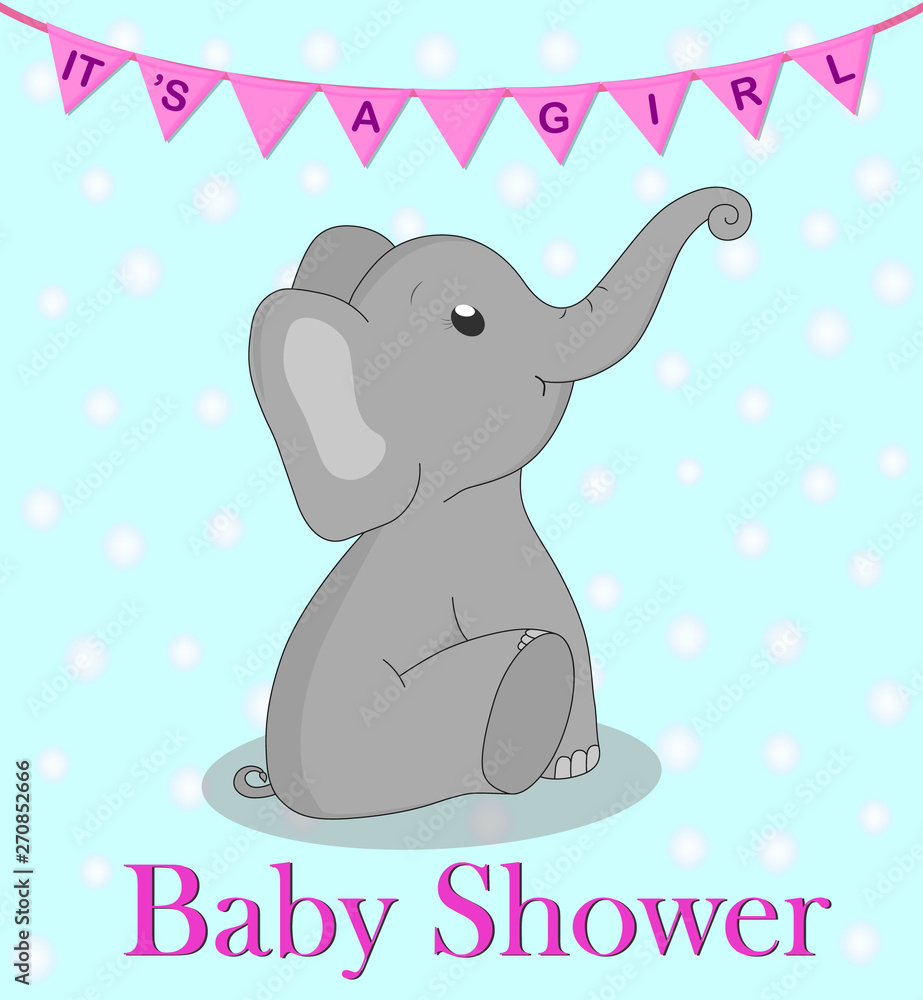 Invitation card baby shower with elephant for girl. Cute elephant with ...