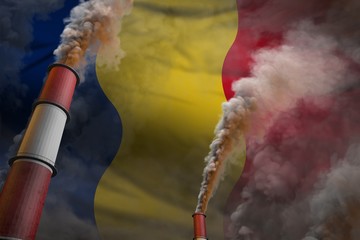 Romania pollution fight concept - two large industry chimneys with heavy smoke on flag background, industrial 3D illustration