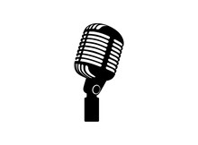 Retro Vintage Microphone Vector On White Background. Mic Silhouette. Music, Voice, Record Icon. Recording Studio Symbol. Flat Stye Vector Illustration