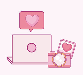 Sticker - set of camera photographic with laptop and speech bubble