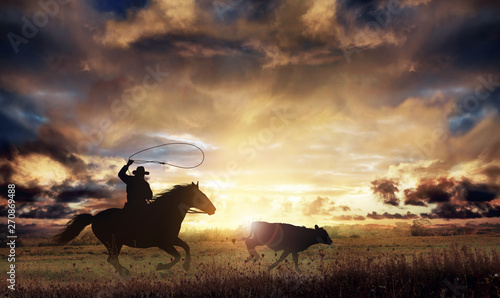 Fotografía rancher lassoing a runaway cow