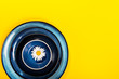 Empty Blue Plates on Bright Yellow Background, Top View, Copy Space