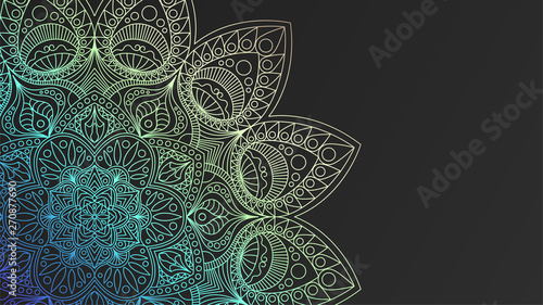 Black rich background with a iridescent round pattern, shiny mandala, oriental b Poster Mural XXL
