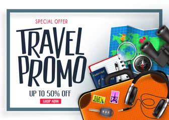 Wall Mural - travel promo banner special offer up to 50% off with blue frame 3d realistic vector traveling item e