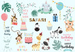 Collection of wild animal set with giraffe,tiger,zebra,monkey