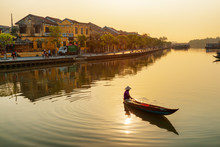 Gorgeous View Of Vietnamese Woman On Boat At Sunrise, Hoian