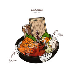 Wall Mural - Salmon and Hotate Sashimi, serve in big Bowl with iced and seaweed. hand draw sketch vector. Japanese food