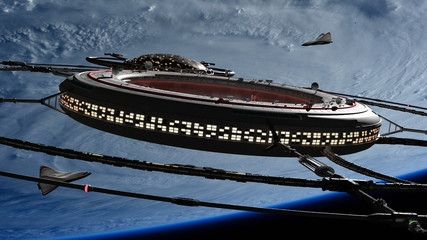Wall Mural - space station and serveral spaceships in orbit of planet earth (3d science background rendering, ele