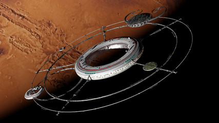 Wall Mural - space station with spaceships in orbit of planet mars (3d science fiction background rendering, elem