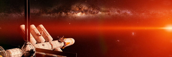 Wall Mural - spaceship mission in deep space lit by the milky way galaxy and a bright star