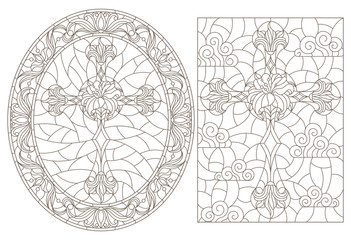  Set contour illustrations with Christian cross and flowers ,black contour on white background