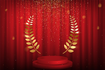 Wall Mural - red curtain, laurel twigs realistic illustration