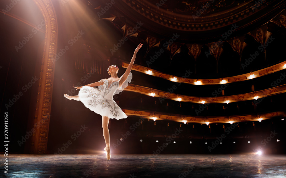 Ballet. Classical ballet performed by a couple of ballet dancers on the stage of the opera house. - obrazy, fototapety, plakaty 