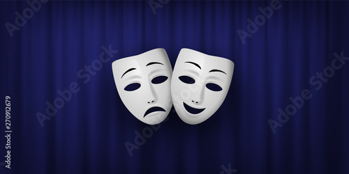 Cuadros en Lienzo Comedy and Tragedy theatrical mask isolated on a blue curtain background