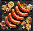 Grilled sausage with the addition of herbs and vegetables on the grill plate, top view. Grilling food, bbq, barbecue