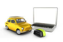 Car diagnostic concept Close up of laptop with empty screen OBD2 wireless scanner and retro car on white background 3d illustration