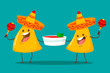 Funny characters Nachos with tomato salsa sauce. Nice mexican food.Nachos chips in sombreros and maracas hats. Vector illustration.