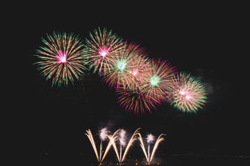 Colorful fireworks on the black sky background at pattaya international fireworks festival 2018. Thailand.