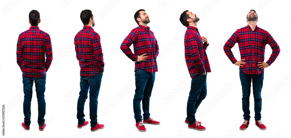 Set of Handsome man standing and looking to the side, back and up - obrazy, fototapety, plakaty 