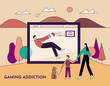 Gaming addiction, health disorder concept. Man plays video game and ignores his family. Line with editable stroke. Vector flat illustration.