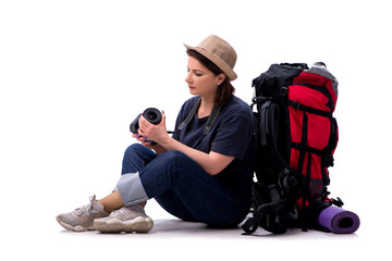 Sticker - Aged female tourist isolated on white 