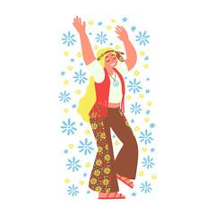 Cheerful hippie girl isolated on white background. Subculture. Vector illustration.