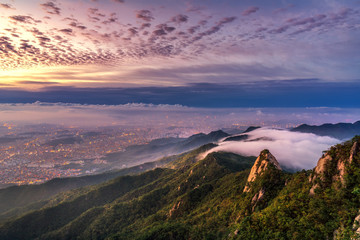 Bukhansan mountain in Seoul at Sunrise in the Morning in Bukhansan National Park, South Korea