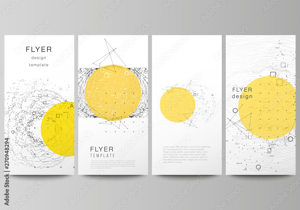 The minimalistic vector illustration of the editable layout of flyer, banner design templates. Science or technology 3d background with dynamic particles. Chemistry and science concept. - obrazy, fototapety, plakaty 
