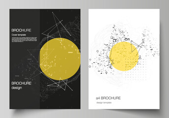 Vector layout of A4 format modern cover mockups design templates for brochure, magazine, flyer, report. Science or technology 3d background with dynamic particles. Chemistry and science concept.