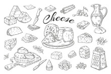 Cheese Sketch. Hand Drawn Milk Products, Gourmet Food Slices, Cheddar Parmesan Brie. Vector Breakfast Vintage Illustration Pencil Hand Drawn