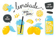 Hand drawn lemonade. Lemon juice bubble drink with labels and typography, summer cold cocktail. Vector sketch lemons tropic juice with jug on white background