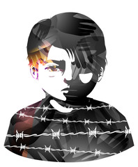 Sticker - Kid Boy Hands Barb Wire Struggles Illustration