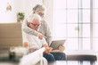 © Daniel - couple of seniors smiling and looking at the tablet - woman hogging at man with love on the sofa - indoor - showing
